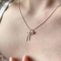Chic Pink Crystal Heart Bowknot Pendant Necklace - ArtGalleryZen