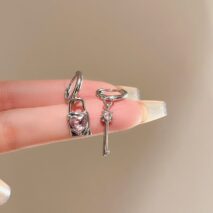Chic Pink Crystal Heart Dangling Key Lock Huggie Hoop Earrings - ArtGalleryZen