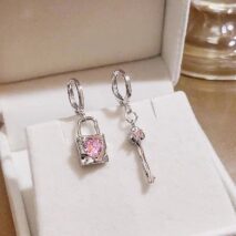 Chic Pink Crystal Heart Dangling Key Lock Huggie Hoop Earrings - ArtGalleryZen