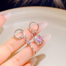 Chic Pink Crystal Heart Dangling Key Lock Huggie Hoop Earrings - ArtGalleryZen