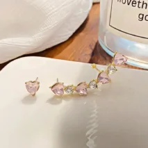 Chic Pink Crystal Heart Ear Wrap Stud Earrings - ArtGalleryZen