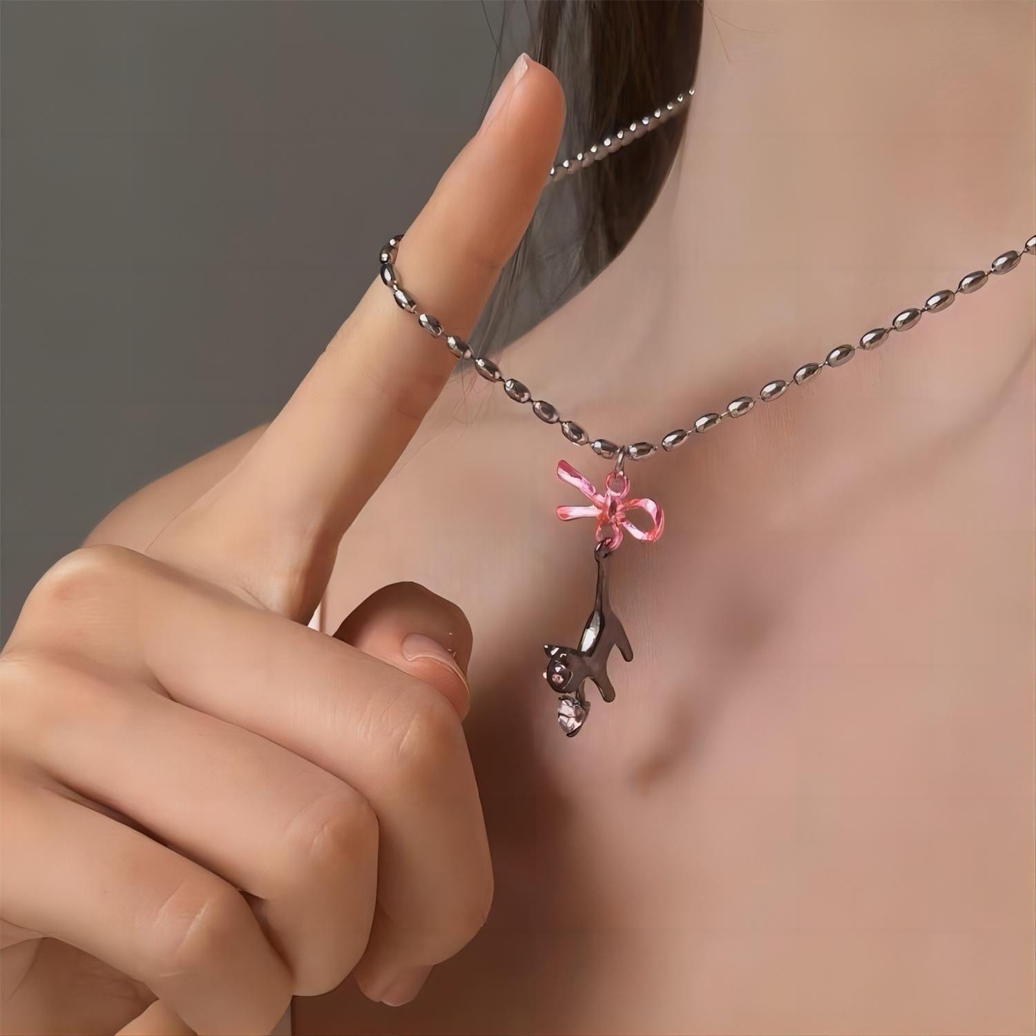 Chic Pink Crystal Heart Ribbon Cat Pendant Necklace - ArtGalleryZen