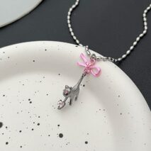 Chic Pink Crystal Heart Ribbon Cat Pendant Necklace - ArtGalleryZen