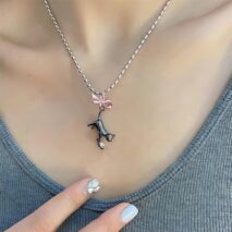 Chic Pink Crystal Heart Ribbon Cat Pendant Necklace - ArtGalleryZen