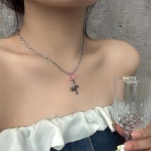 Chic Pink Crystal Heart Ribbon Cat Pendant Necklace - ArtGalleryZen