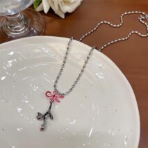 Chic Pink Crystal Heart Ribbon Cat Pendant Necklace - ArtGalleryZen
