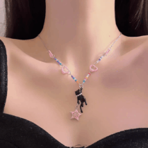 Chic Pink Heart Star Kitty Pendant Necklace - ArtGalleryZen