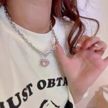 Chic Pink Rhinestone Heart Pendant Cable Chain Necklace - ArtGalleryZen