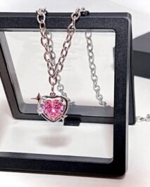 Chic Pink Rhinestone Heart Pendant Cable Chain Necklace - ArtGalleryZen