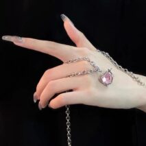 Chic Pink Rhinestone Heart Pendant Cable Chain Necklace - ArtGalleryZen