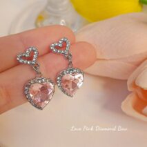 Chic Pink Rhinestone Heart Pendant Cubic Zirconia Chain Necklace Dangle Earrings Set - ArtGalleryZen