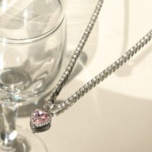 Chic Pink Rhinestone Heart Pendant Cubic Zirconia Chain Necklace Dangle Earrings Set - ArtGalleryZen