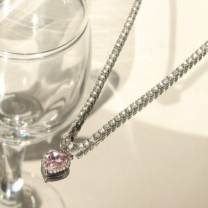 Chic Pink Rhinestone Heart Pendant Cubic Zirconia Chain Necklace Dangle Earrings Set - ArtGalleryZen