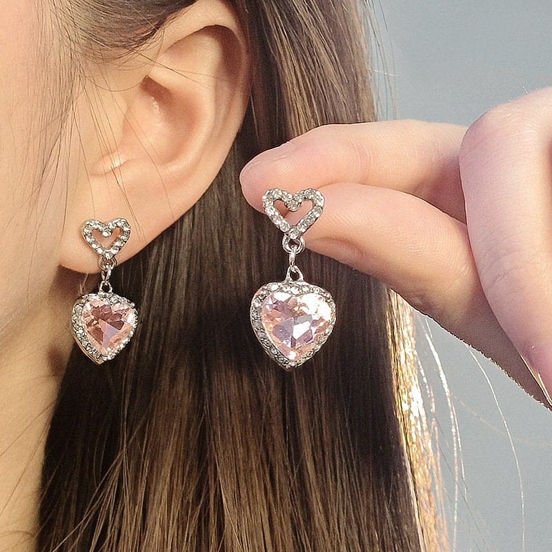 Chic Pink Rhinestone Heart Pendant Cubic Zirconia Chain Necklace Dangle Earrings Set - ArtGalleryZen