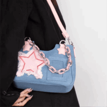 Chic Pink Star Acrylic Chain Denim Shoulder Crossbody Bag - ArtGalleryZen