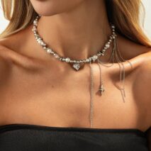 Chic Rhinestone Heart Pendant Pearl Irregular Beaded Chain Tassel Choker Necklace - ArtGalleryZen
