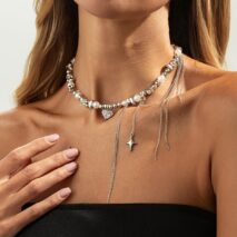 Chic Rhinestone Heart Pendant Pearl Irregular Beaded Chain Tassel Choker Necklace - ArtGalleryZen