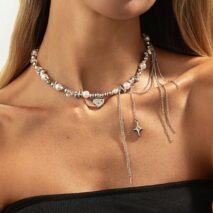 Chic Rhinestone Heart Pendant Pearl Irregular Beaded Chain Tassel Choker Necklace - ArtGalleryZen