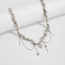 Chic Silver Tone Heart Chain Tassel Irregular Beaded Choker Necklace - ArtGalleryZen