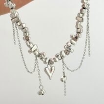 Chic Silver Tone Heart Chain Tassel Irregular Beaded Choker Necklace - ArtGalleryZen