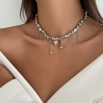 Chic Silver Tone Heart Chain Tassel Irregular Beaded Choker Necklace - ArtGalleryZen