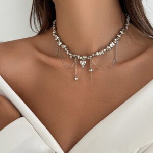 Chic Silver Tone Heart Chain Tassel Irregular Beaded Choker Necklace - ArtGalleryZen
