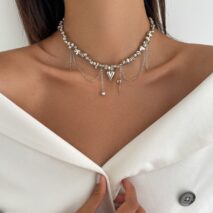 Chic Silver Tone Heart Chain Tassel Irregular Beaded Choker Necklace - ArtGalleryZen