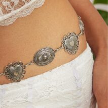 Chic Silver Tone Pattern Heart Oval Waist Chain - ArtGalleryZen