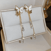 Chic Sparkling CZ Inlaid Enamel Butterfly Rhinestone Tassel Earrings - ArtGalleryZen