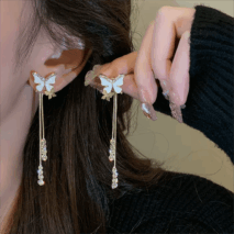 Chic Sparkling CZ Inlaid Enamel Butterfly Rhinestone Tassel Earrings - ArtGalleryZen
