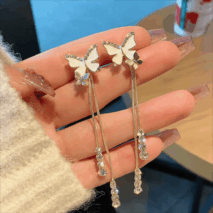 Chic Sparkling CZ Inlaid Enamel Butterfly Rhinestone Tassel Earrings - ArtGalleryZen