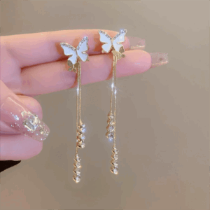 Chic Sparkling CZ Inlaid Enamel Butterfly Rhinestone Tassel Earrings - ArtGalleryZen