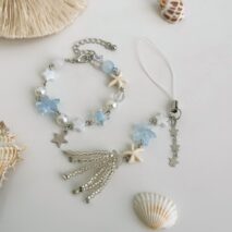 Chic Star Charm Pearl Crystal Beaded Bracelet Keychain Phone Strap Set - ArtGalleryZen