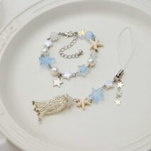Chic Star Charm Pearl Crystal Beaded Bracelet Keychain Phone Strap Set - ArtGalleryZen