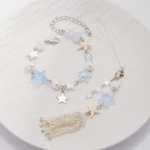 Chic Star Charm Pearl Crystal Beaded Bracelet Keychain Phone Strap Set - ArtGalleryZen