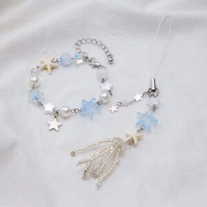 Chic Star Charm Pearl Crystal Beaded Bracelet Keychain Phone Strap Set - ArtGalleryZen
