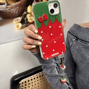 Chic Strawberry Crystal Inlaid Bowknot iPhone Case With Accessories - ArtGalleryZen