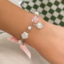 Chic Strawberry Heart Charm Bowknot Pearl Chain Bracelet - ArtGalleryZen