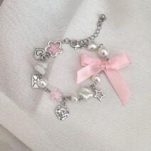 Chic Strawberry Heart Charm Bowknot Pearl Chain Bracelet - ArtGalleryZen