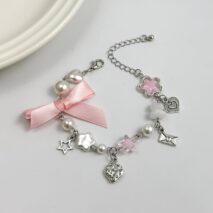 Chic Strawberry Heart Charm Bowknot Pearl Chain Bracelet - ArtGalleryZen