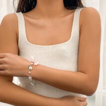 Chic Strawberry Heart Charm Bowknot Pearl Chain Bracelet - ArtGalleryZen