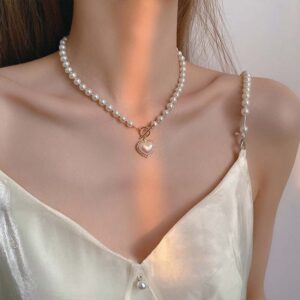 Chic Toggle Clasp Heart Pendant Pearl Chain Choker Necklace - ArtGalleryZen