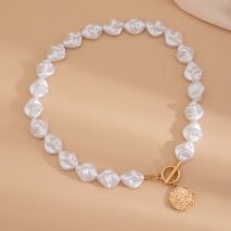 Chic Toggle Clasp Textured Round Disk Pendant Irregular Pearl Chain Necklace Bracelet - ArtGalleryZen
