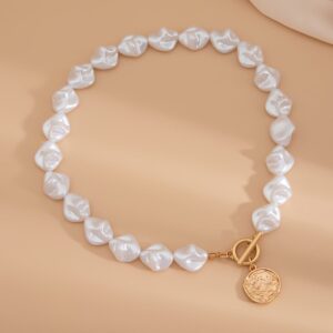 Chic Toggle Clasp Textured Round Disk Pendant Irregular Pearl Chain Necklace Bracelet - ArtGalleryZen