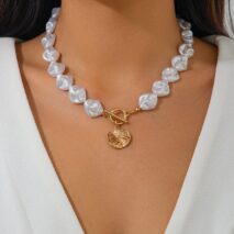 Chic Toggle Clasp Textured Round Disk Pendant Irregular Pearl Chain Necklace Bracelet - ArtGalleryZen