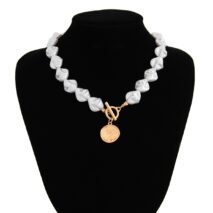 Chic Toggle Clasp Textured Round Disk Pendant Irregular Pearl Chain Necklace Bracelet - ArtGalleryZen