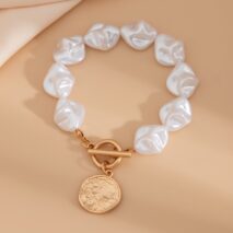Chic Toggle Clasp Textured Round Disk Pendant Irregular Pearl Chain Necklace Bracelet - ArtGalleryZen