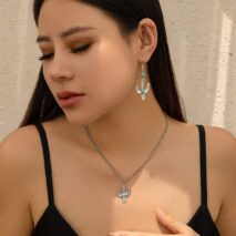 Chic Turquoise Inlaid Cactus Pendant Necklace Earrings Set - ArtGalleryZen