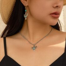 Chic Turquoise Inlaid Cactus Pendant Necklace Earrings Set - ArtGalleryZen