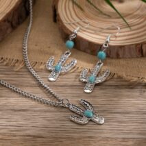 Chic Turquoise Inlaid Cactus Pendant Necklace Earrings Set - ArtGalleryZen